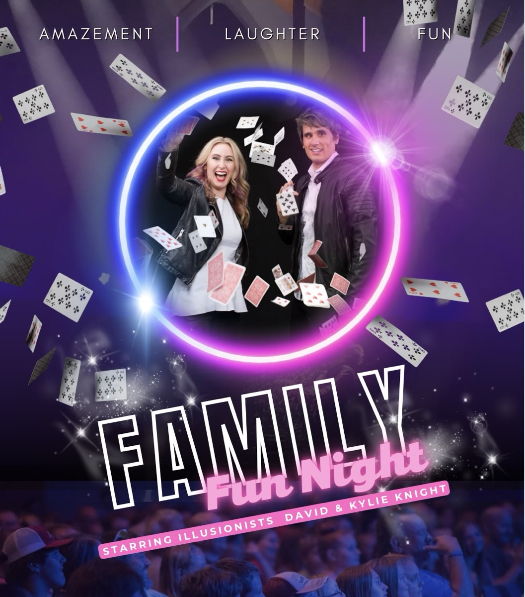 Free Family Fun Night promotional poster featuring Christian illusionists David and Kylie Knight